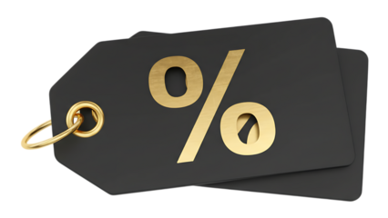 3D render of a gold fifty percent off discount symbol on a black background for a retail business sale promotion label or finance price rate icon