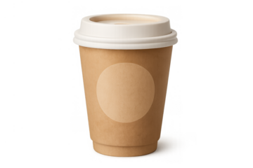Blank kraft paper coffee cup mockup for beverage branding. Disposable takeaway container with white lid on transparent background