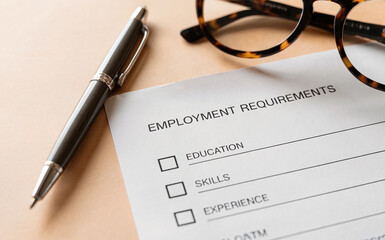 Employment Requirements Paper with Pen and Glasses for Job Hiring Concept