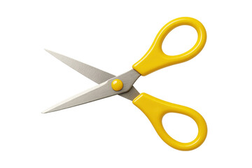 Yellow plastic handle scissors with sharp metal blades opening, ideal for cutting paper crafts or office work