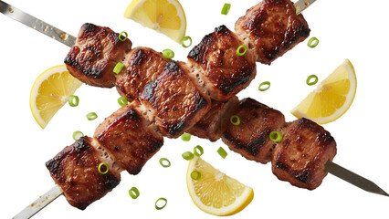 Gourmet grilled meat and vegetables on skewers featuring delicious beef and chicken shashlik served as a roasted barbecue meal for a professional food photography plate