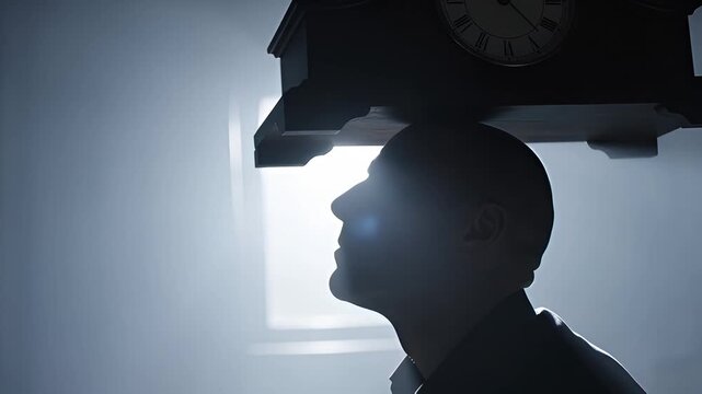 The silhouette of a man with a large clock above his head, symbolizing oppression and struggle.