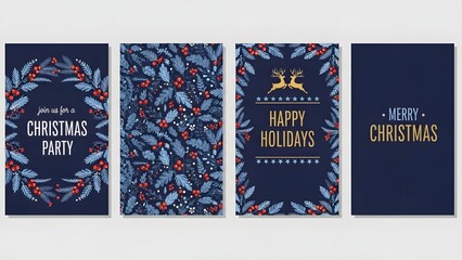 Collection of christmas party invitations with holiday decorations and gold text on navy blue background