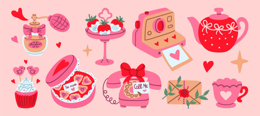 Flat style Valentine illustration set with vintage perfume, chocolate strawberries, instant camera, teapot, lovebird cupcake, heart candy box, rotary phone, sealed letter, and heart cup