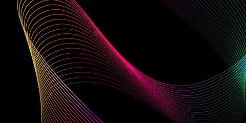 Dark abstract background featuring glowing, flowing wave lines in blue red color gradient. Futuristic design with shiny, smooth motion, perfect for technology-inspired visuals. Vector illustration.