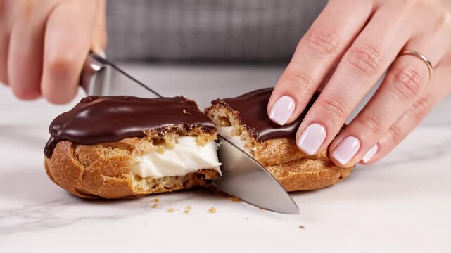 Female Hands Slicing Chocolate Eclair With Knife on White Surface