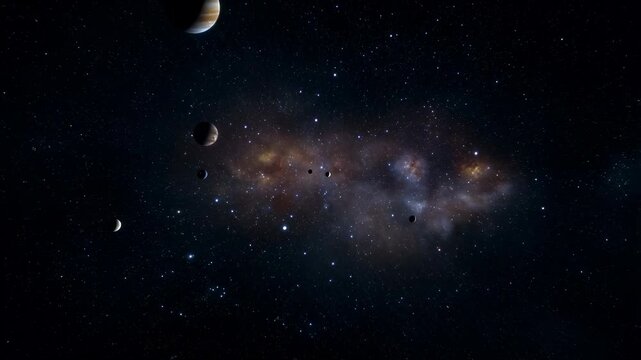 Journey through the cosmic expanse: orbiting planets and distant galaxies in motion