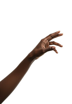 Elegant human hand, rich dark skin, slender fingers gently curved, reaching out receptively against a transparent studio background with ample copy space, delicate touch concept.