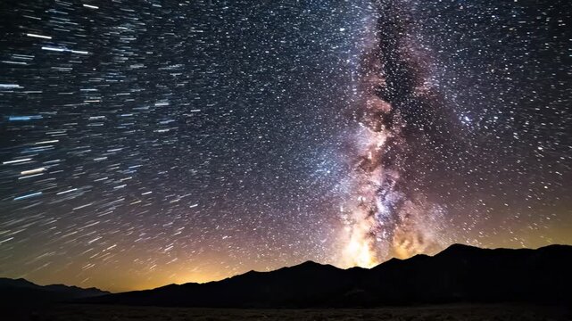 Milky Way Galaxy Rotating Above Mountain Peaks, Time Lapse