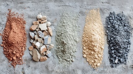 Raw building materials in diverse textures and colors on concrete.