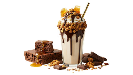 Delicious gourmet birthday chocolate cake slice with cream, nuts, raisins, and a candle served on a white plate as a tasty sweet bakery dessert