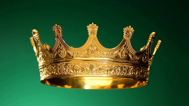 Rotating golden crown against green background: regal symbol in motion