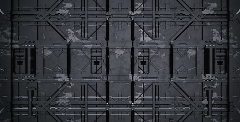 Futuristic sci-fi metal wall background with dark mechanical panels