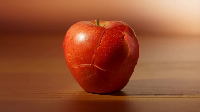 Red apple exploding into pieces in slow motion on wooden surface