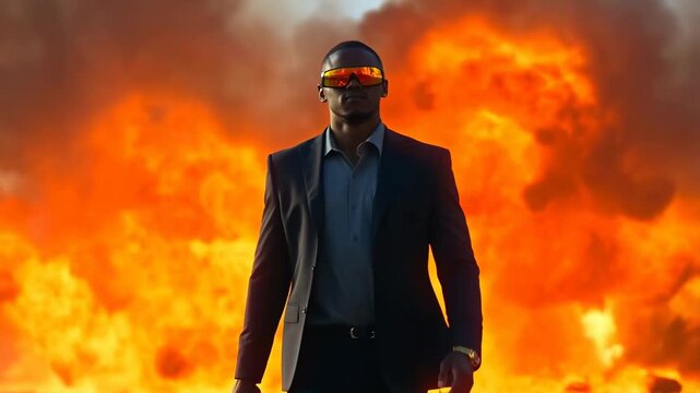 Dramatic walk away from explosive fireball in actionpacked scene with intense heroic vibes