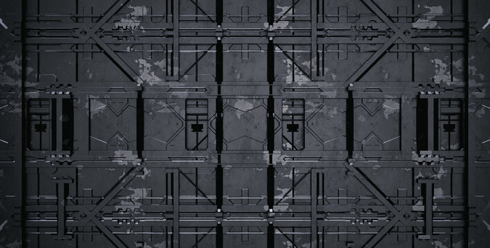 Futuristic sci-fi metal wall background with dark mechanical panels