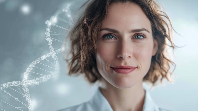 Woman is photographed with a digital DNA structure, reinforcing genetics, biotechnology and medical research themes. Image supports commercial usage in diagnostics, genomic studies and scientific - Powered by Adobe