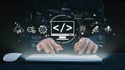 Modern web development concept featuring coding symbols, web development process, web development interface, and web development tools with futuristic design. Elide