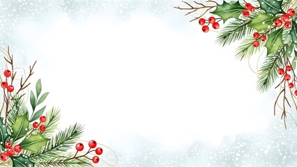 Festive holiday border with pine branches and red berries on snowy background for christmas and winter seasons