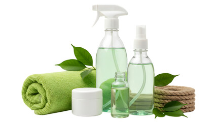 A relaxing spa still life featuring white towels, organic soap, and aromatherapy oil bottles paired with a green flower for a clean health and beauty body care treatment