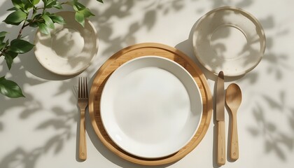 Eco-friendly dining: a beautiful table setting with wooden and ceramic tableware in natural light. bambusgeschirr
