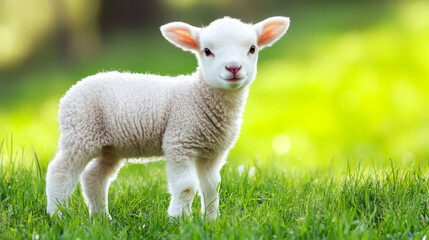 Obraz premium Adorable Lamb Standing in a Green Pasture