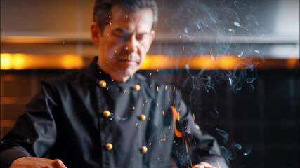 Chef stirring colorful vegetables a wok with professional tongs, creating a dramatic fiery display in setting a dark kitchen video 4k