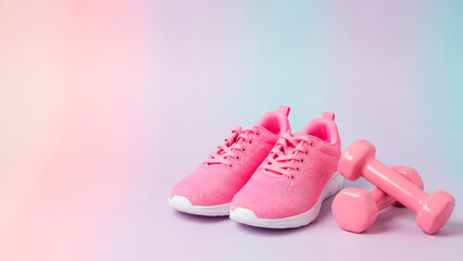 Pink running shoes and dumbbells for fitness training
