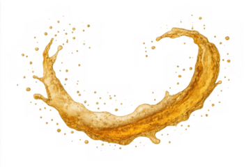 Golden liquid beer or lager splash creating a dynamic heart-like shape with foam and droplets on transparent background