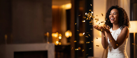 Happy Black woman blowing gold confetti at a New Year's Eve party. Excited female with curly hair celebrating 2026 in a white dress with copy space.
