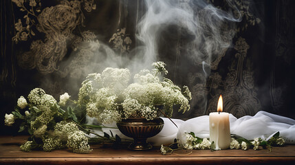 Elegant Vintage Still Life with Baby's Breath in Brass Urn and Wisps of Smoke