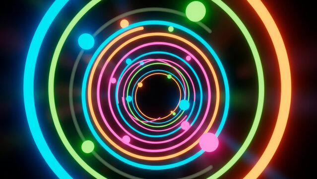 Neon glowing circles forming abstract light tunnel - Powered by Adobe