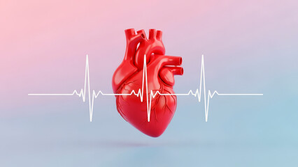 Human heart organ displaying a healthy heartbeat waveform