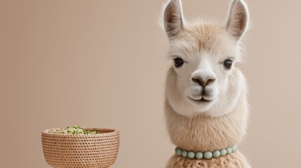 Fototapeta premium A photorealistic llama stands beside a food bowl, showcasing lifestyle-oriented animal branding and modern commercial design. Marketing, natural product visuals, character-driven advertising