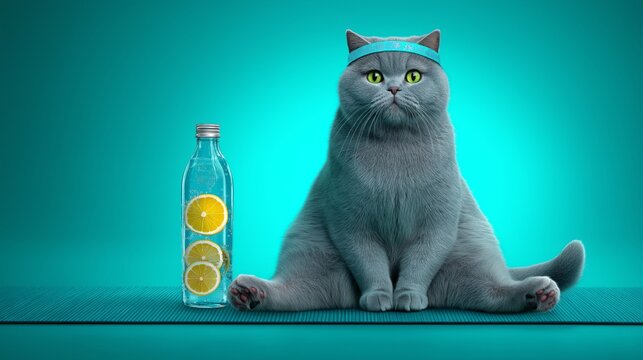 A Scottish Fold cat sits on a yoga mat next to lemon water, combining themes of wellness lifestyle, hydration, and humorous pet branding. The concept supports fitness-related marketing, mascot visuals