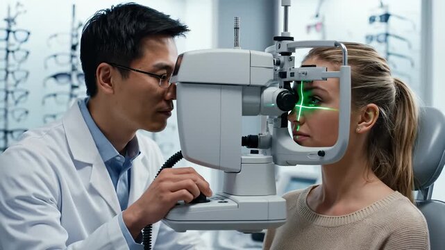Asian Doctor Examines Patient's Eyes With Autorefractor in Clinic