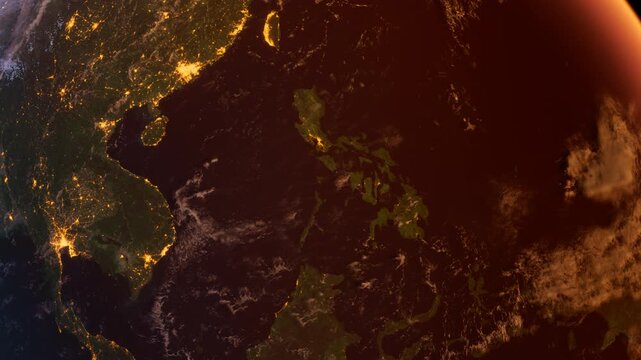 Philippines from Space at Sunrise. Asia from Space Orbit. Blue Planet Earth. Globe