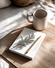 Sunlight filters through, casting soft shadows on a wooden table. A blank notebook rests beside a pencil, along with a steaming mug of coffee, creating a calming morning atmosphere.
