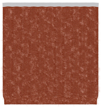 A close-up view of a warm terracotta knitted fabric swatch featuring a delicate lace chevron pattern isolated on transparent background