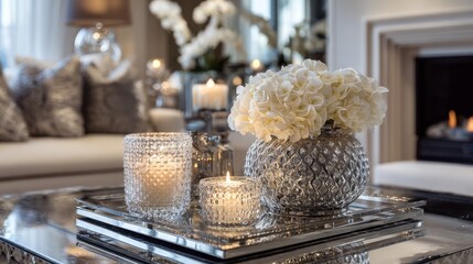 Elegant Living Room Glow Candles  Flowers on Mirrored Tray.