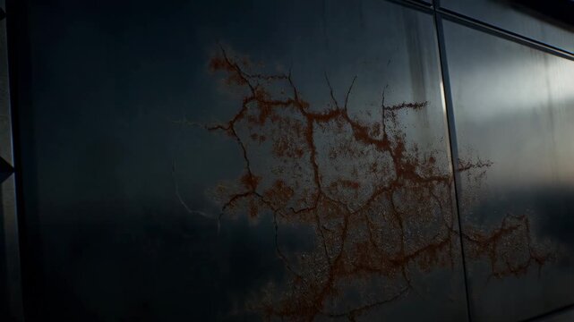 Rust development on metal surface highlighted by shifting light and shadows