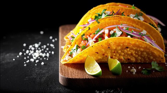 Three hard shell tacos filled with seasoned meat, fresh tomatoes, onions, cilantro, and crumbled Served lime with cheese video 4k