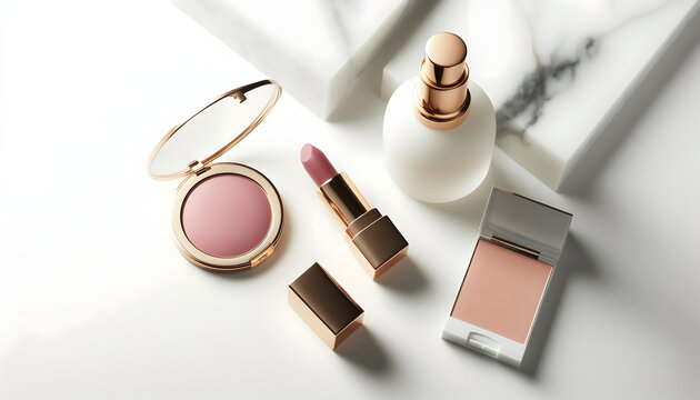 Elegant Makeup and Cosmetics on White Surface