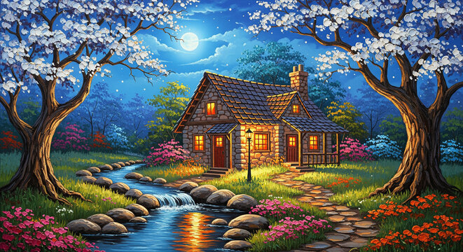 Oil Painting of Moonlit Cottage with Blossoms 3D Floral Relief Mural wallpaper