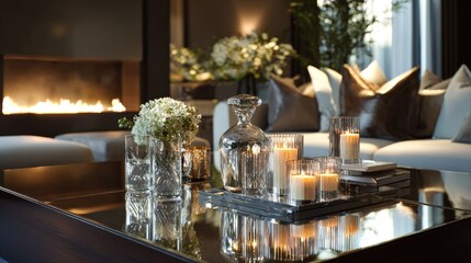 Cozy Luxury Living Room with Fireplace with Candles, and and Floral Decor.