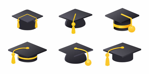 A collection of black graduation caps with golden tassels displayed together