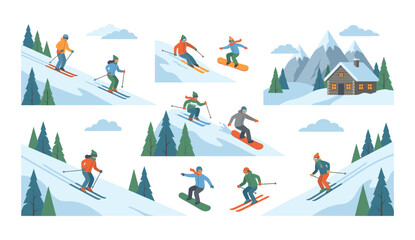 People enjoying winter sports skiing and snowboarding in mountains