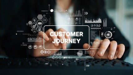 Engaging Customer Journey Concept with Digital Graphics and Hands on Keyboard in Professional Setting. Asymptotic smart data analytic.