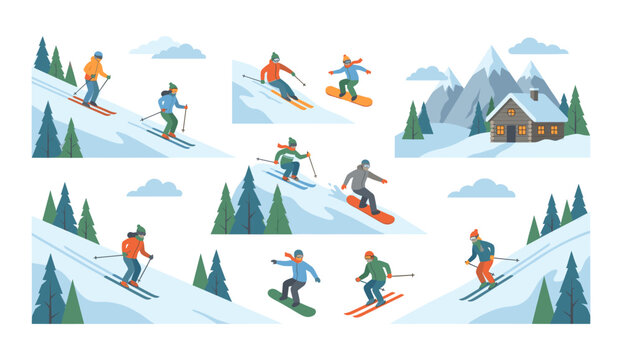 People enjoying winter sports skiing and snowboarding in mountains