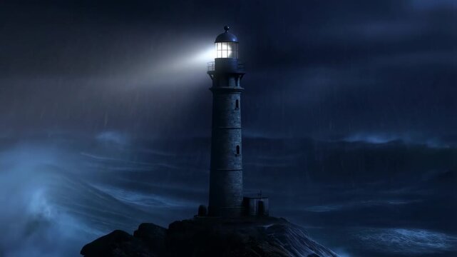 Majestic lighthouse guiding through stormy seas with radiant beam at night